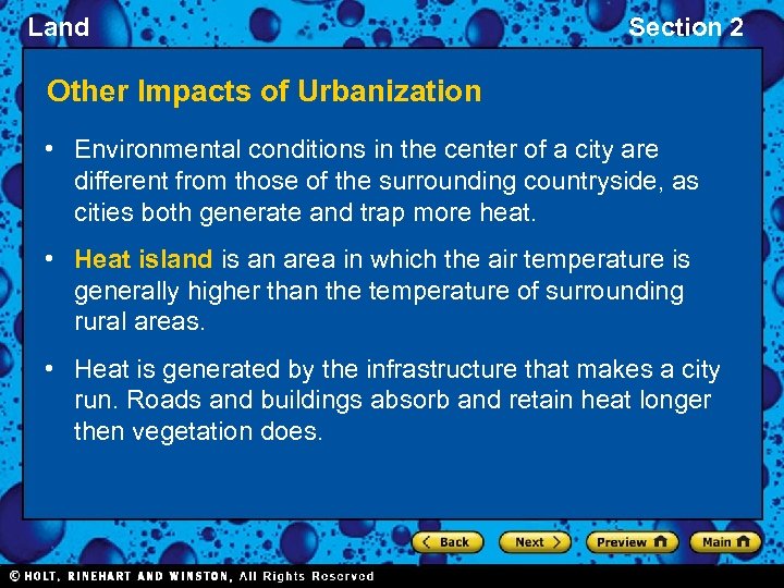 Land Section 2 Other Impacts of Urbanization • Environmental conditions in the center of