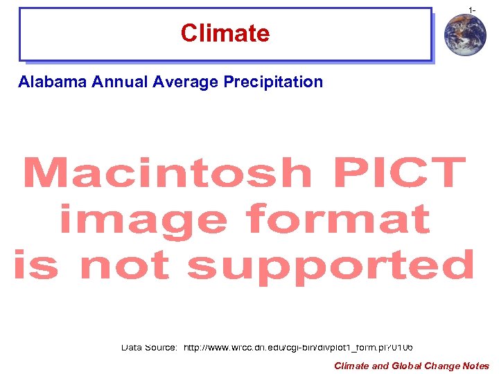 1 - Climate Alabama Annual Average Precipitation Data Source: http: //www. wrcc. dri. edu/cgi-bin/divplot