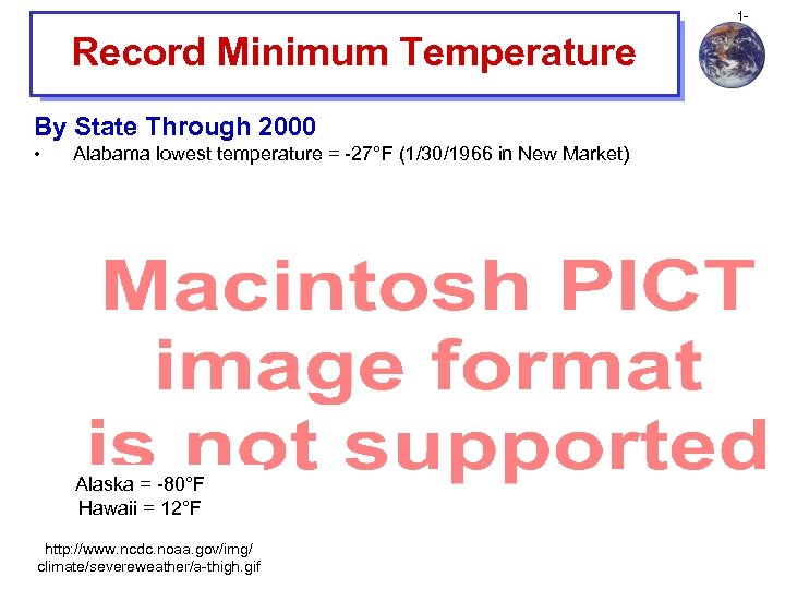 1 - Record Minimum Temperature By State Through 1996 2000 • Alabama lowest temperature