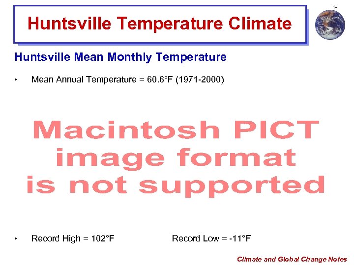 1 - Huntsville Temperature Climate Huntsville Mean Monthly Temperature • Mean Annual Temperature =