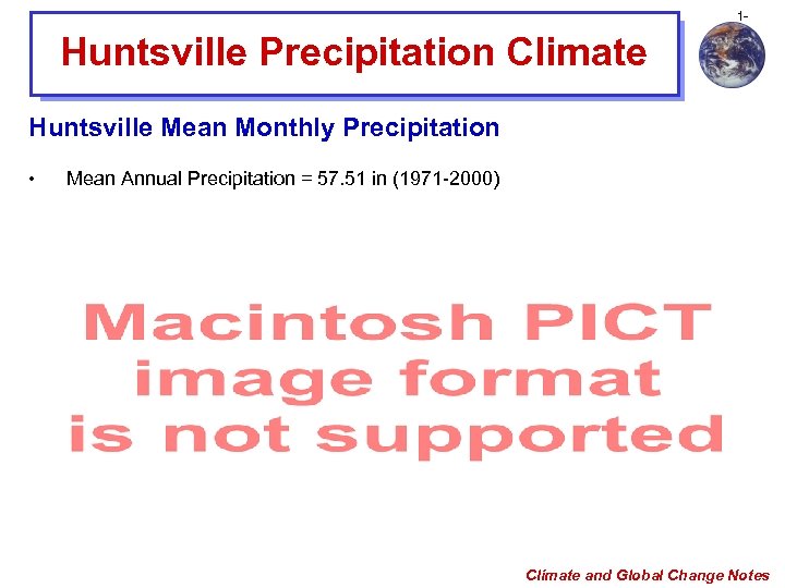 1 - Huntsville Precipitation Climate Huntsville Mean Monthly Precipitation • Mean Annual Precipitation =