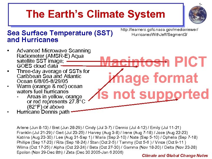 1 - The Earth’s Climate System Sea Surface Temperature (SST) and Hurricanes • •