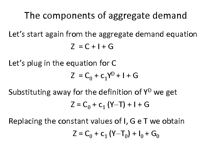 The components of aggregate demand Let’s start again from the aggregate demand equation Z