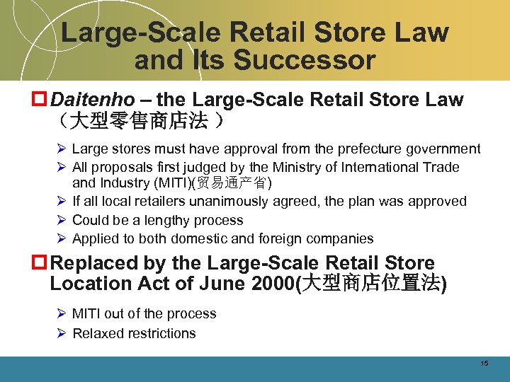 Large-Scale Retail Store Law and Its Successor p Daitenho – the Large-Scale Retail Store