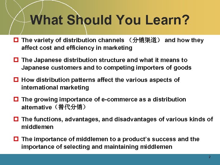 What Should You Learn? p The variety of distribution channels （分销渠道） and how they