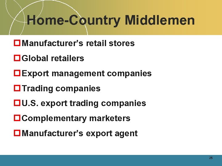 Home-Country Middlemen p Manufacturer’s retail stores p Global retailers p Export management companies p