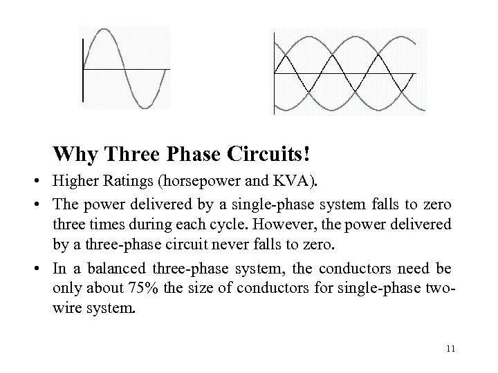 Why Three Phase Circuits! • Higher Ratings (horsepower and KVA). • The power delivered