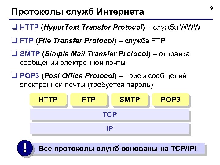 9 Протоколы служб Интернета q HTTP (Hyper. Text Transfer Protocol) – служба WWW q