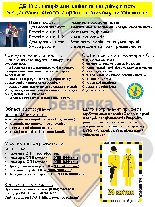 ДВНЗ «Криворізький національний університет» спеціалізація «Охорона праці в гірничому виробництві» Назва професії Домінуючі здібності