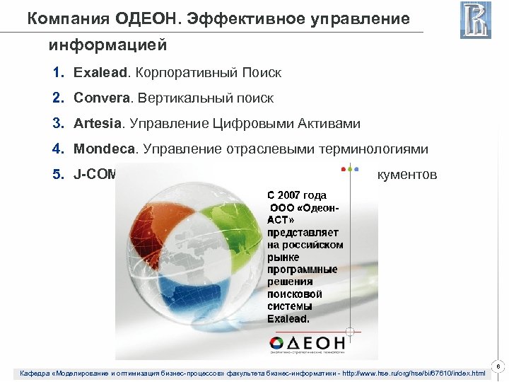 Компания ОДЕОН. Эффективное управление информацией 1. Exalead. Корпоративный Поиск 2. Convera. Вертикальный поиск 3.