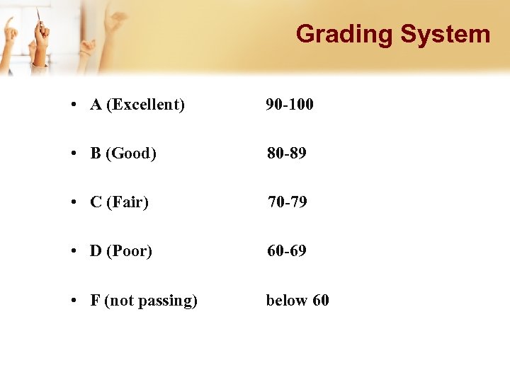 Grading System • A (Excellent) 90 -100 • B (Good) 80 -89 • C