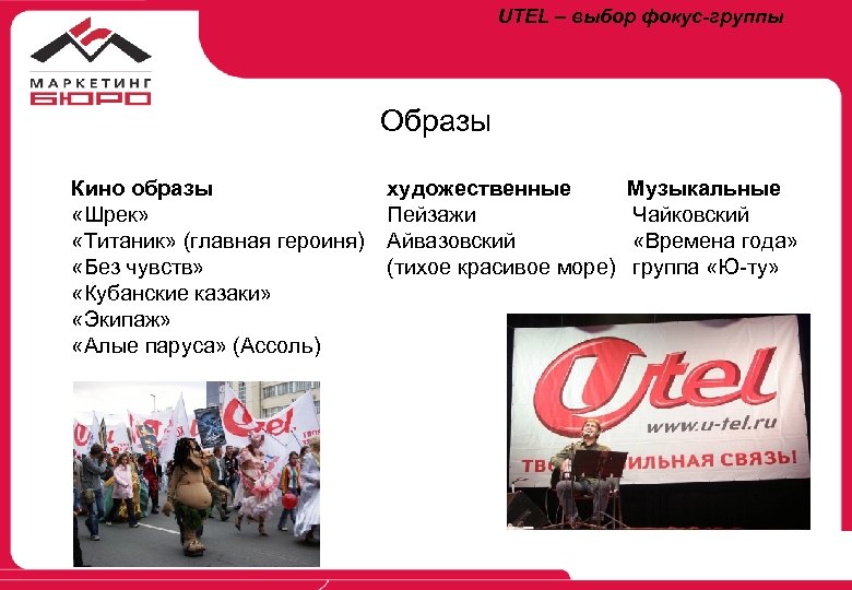 UTEL – выбор фокус-группы Образы Кино образы «Шрек» «Титаник» (главная героиня) «Без чувств» «Кубанские