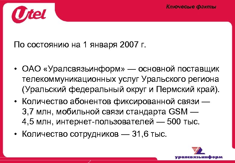 Ключевые факты По состоянию на 1 января 2007 г. • ОАО «Уралсвязьинформ» — основной