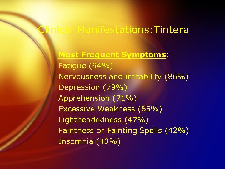 Clinical Manifestations: Tintera Most Frequent Symptoms: Fatigue (94%) Nervousness and irritability (86%) Depression (79%)