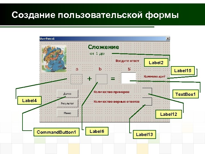 Создание пользовательской формы Label 2 Label 15 Text. Box 1 Label 4 Label 12