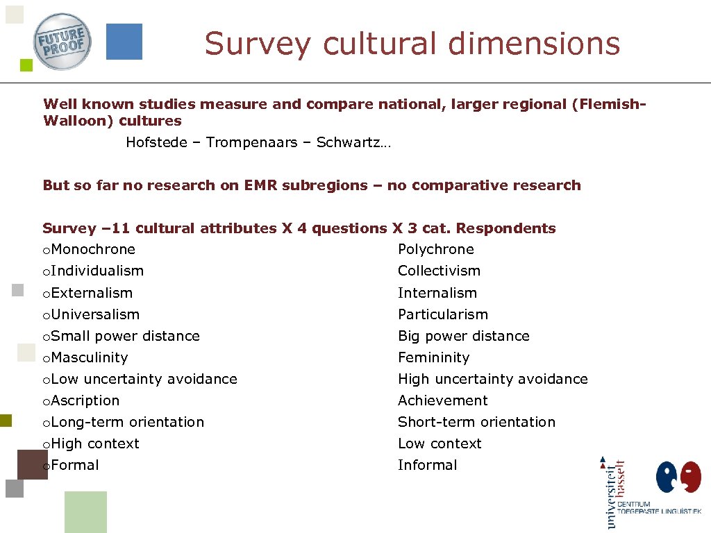 Survey cultural dimensions Well known studies measure and compare national, larger regional (Flemish. Walloon)