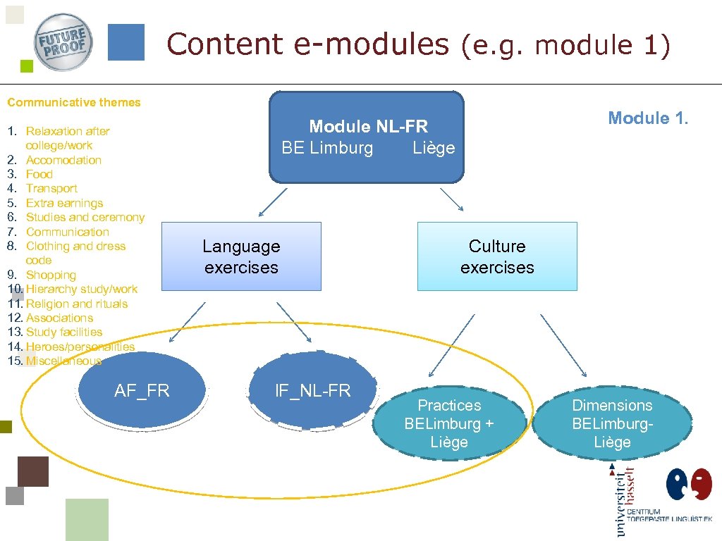Content e-modules (e. g. module 1) Communicative themes 1. Relaxation after college/work 2. Accomodation