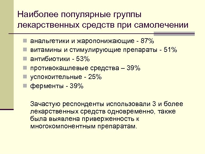 Наиболее популярные группы лекарственных средств при самолечении n n n анальгетики и жаропонижающие -