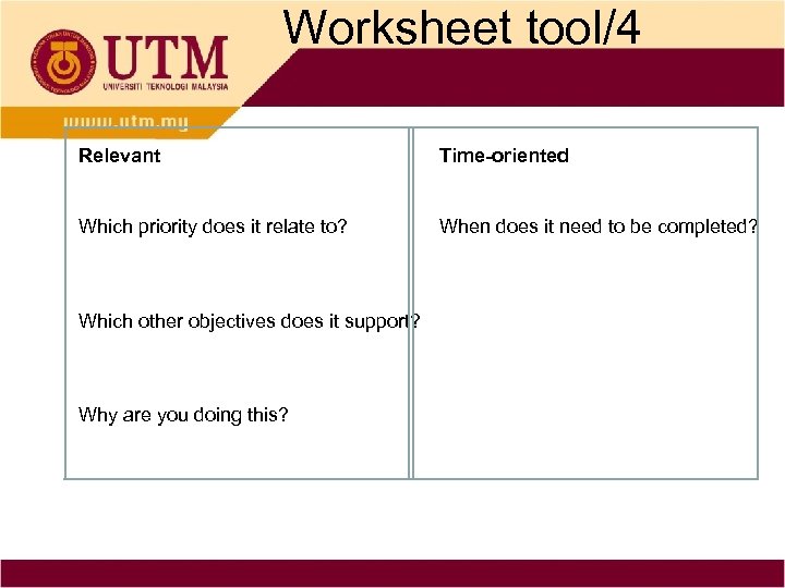 Worksheet tool/4 Relevant Time-oriented Which priority does it relate to? When does it need