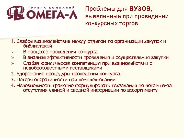 Проблемы для ВУЗОВ, выявленные при проведении конкурсных торгов 1. Слабое взаимодействие между отделом по