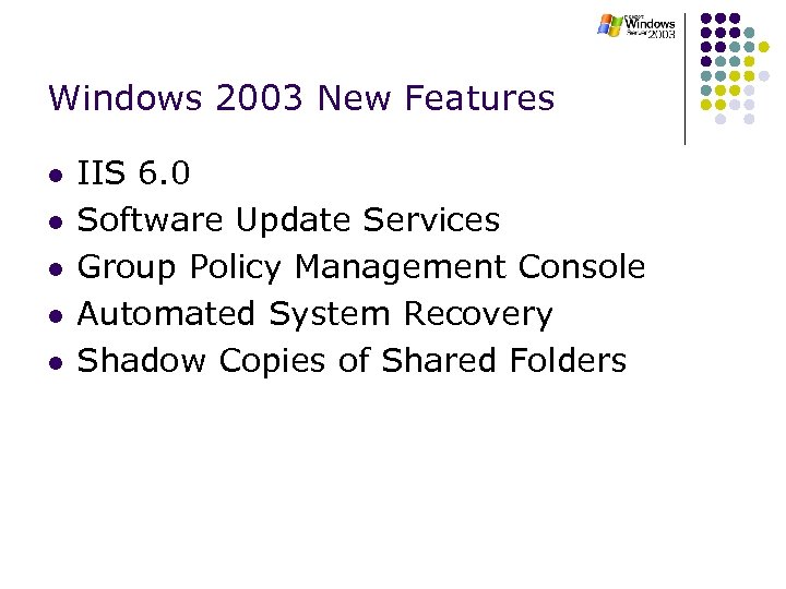Windows 2003 New Features l l l IIS 6. 0 Software Update Services Group