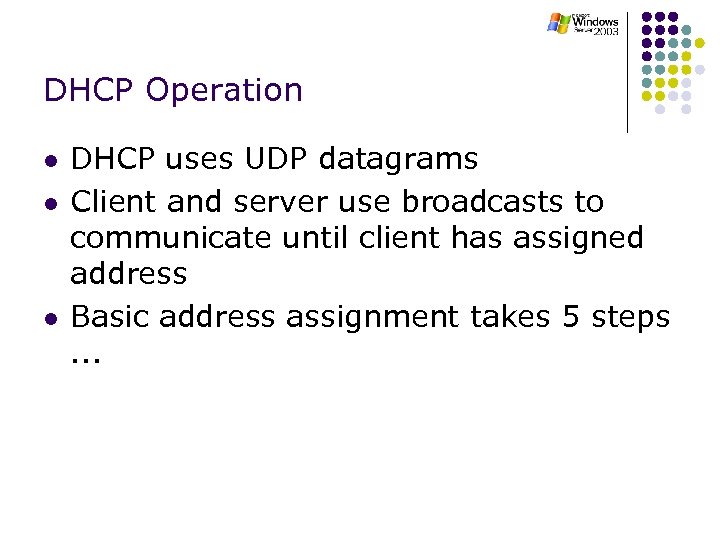 DHCP Operation l l l DHCP uses UDP datagrams Client and server use broadcasts