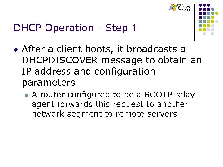 DHCP Operation - Step 1 l After a client boots, it broadcasts a DHCPDISCOVER