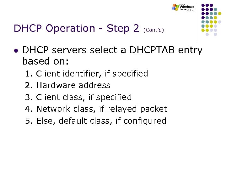 DHCP Operation - Step 2 (Cont’d) l DHCP servers select a DHCPTAB entry based