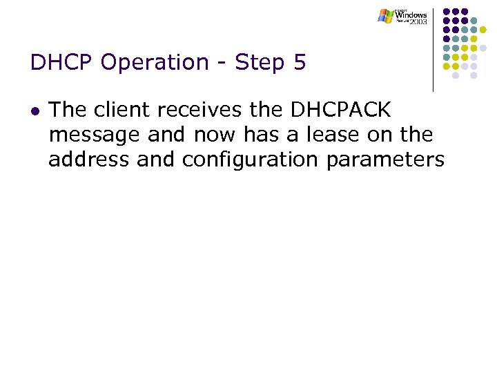 DHCP Operation - Step 5 l The client receives the DHCPACK message and now