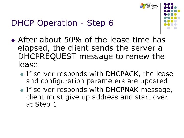 DHCP Operation - Step 6 l After about 50% of the lease time has