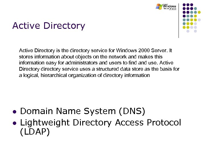 Active Directory is the directory service for Windows 2000 Server. It stores information about