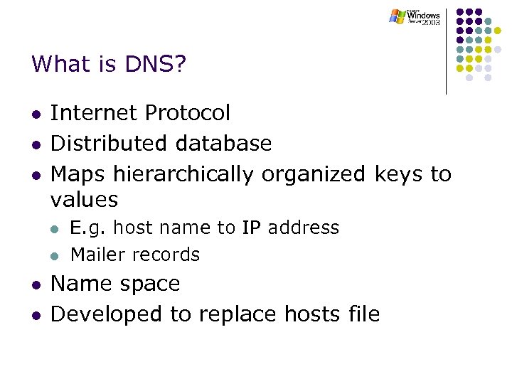 What is DNS? l l l Internet Protocol Distributed database Maps hierarchically organized keys