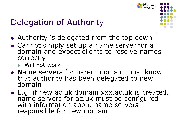 Delegation of Authority l l Authority is delegated from the top down Cannot simply