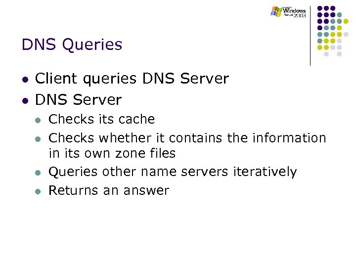 DNS Queries l l Client queries DNS Server l l Checks its cache Checks
