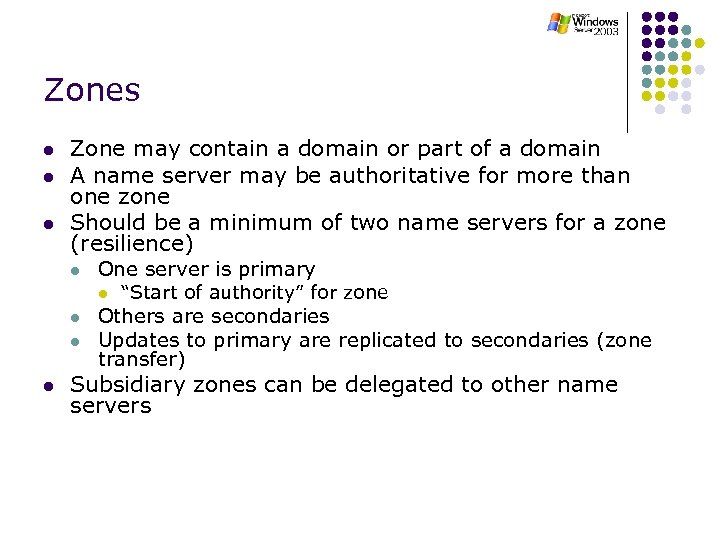 Zones l l l Zone may contain a domain or part of a domain