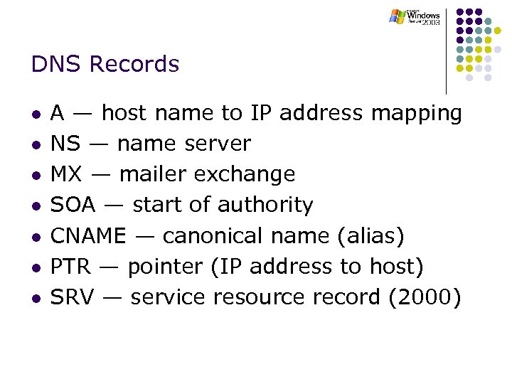 DNS Records l l l l A — host name to IP address mapping