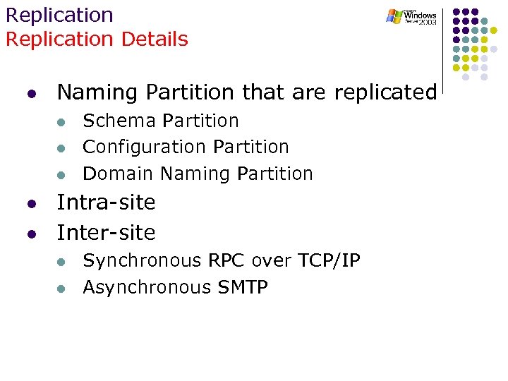 Replication Details l Naming Partition that are replicated l l l Schema Partition Configuration