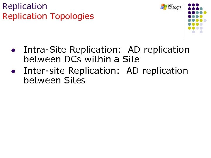 Replication Topologies l l Intra-Site Replication: AD replication between DCs within a Site Inter-site