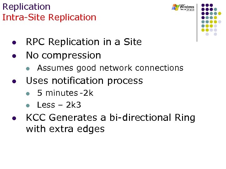 Replication Intra-Site Replication l l RPC Replication in a Site No compression l l