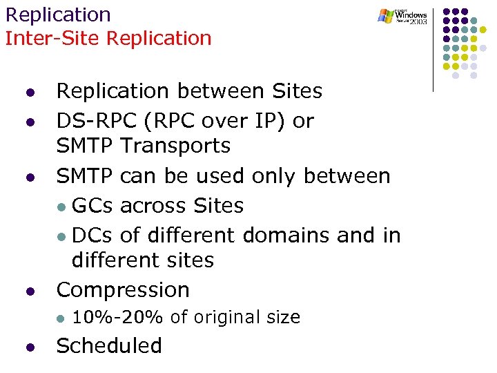 Replication Inter-Site Replication l l Replication between Sites DS-RPC (RPC over IP) or SMTP
