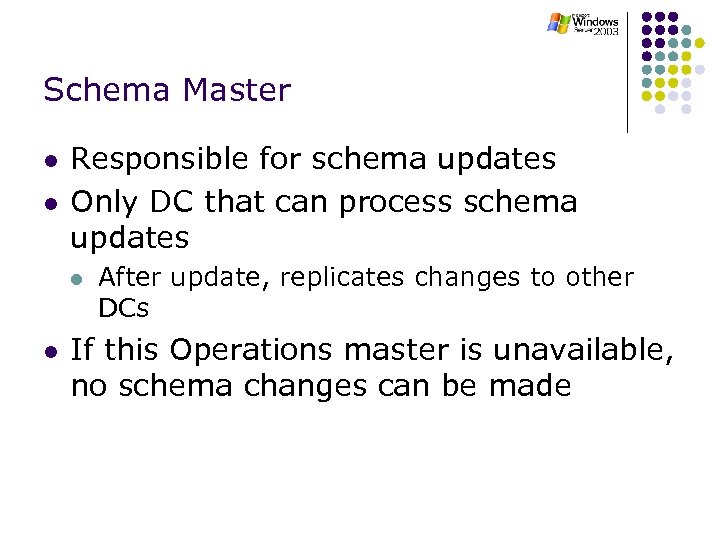 Schema Master l l Responsible for schema updates Only DC that can process schema