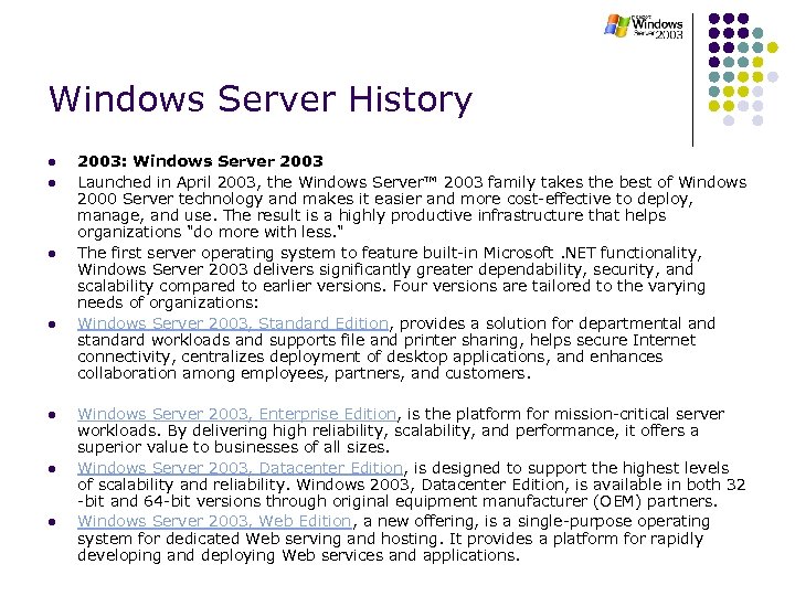 Windows Server History l l l l 2003: Windows Server 2003 Launched in April
