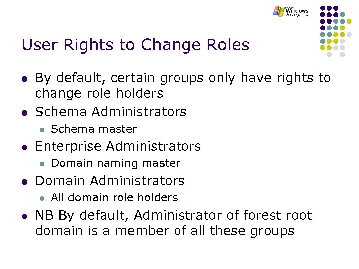 User Rights to Change Roles l l By default, certain groups only have rights