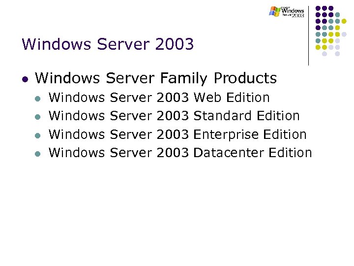 Windows Server 2003 l Windows Server Family Products l l Windows Server 2003 Web