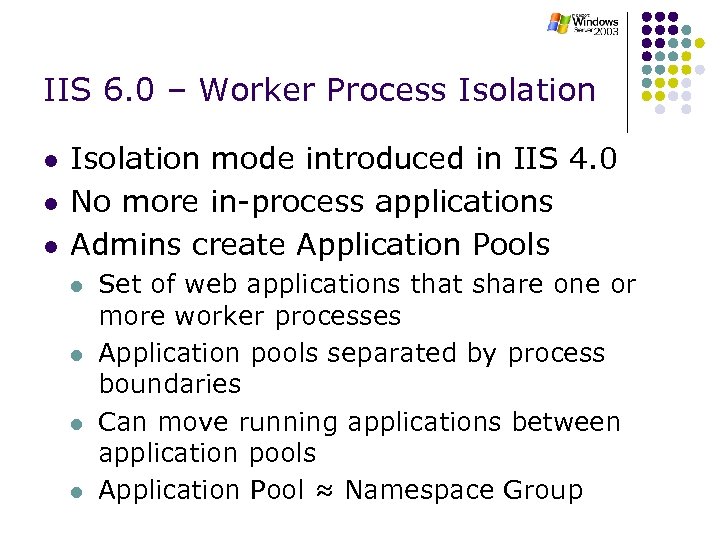 IIS 6. 0 – Worker Process Isolation l l l Isolation mode introduced in