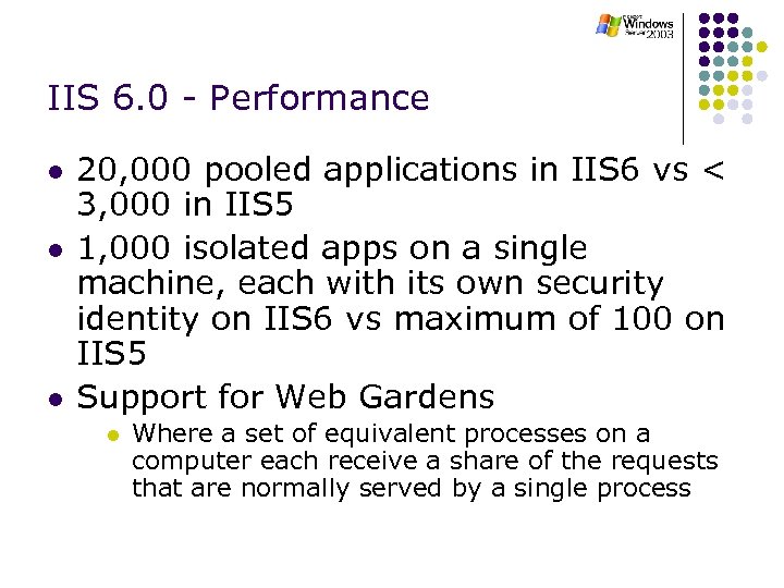 IIS 6. 0 - Performance l l l 20, 000 pooled applications in IIS