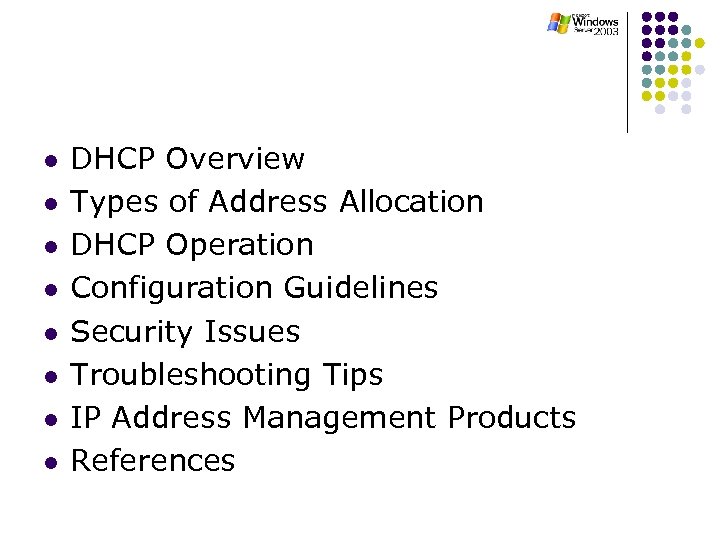 l l l l DHCP Overview Types of Address Allocation DHCP Operation Configuration Guidelines