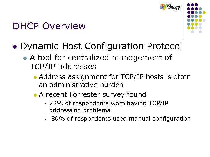 DHCP Overview l Dynamic Host Configuration Protocol l A tool for centralized management of