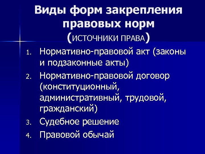 Виды форм закрепления правовых норм (ИСТОЧНИКИ ПРАВА) 1. 2. 3. 4. Нормативно-правовой акт (законы