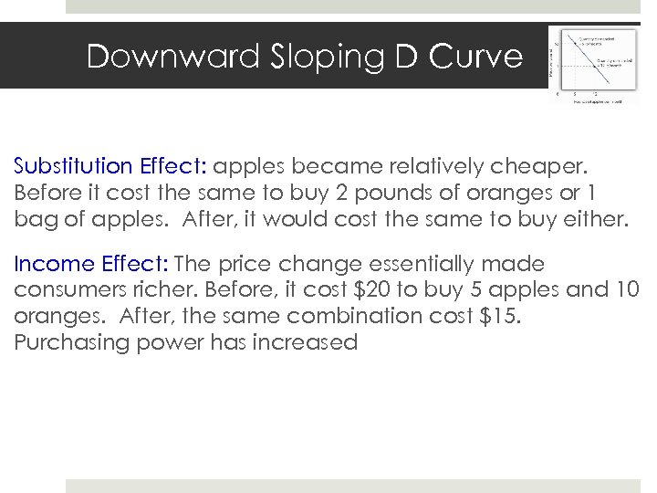 Downward Sloping D Curve Substitution Effect: apples became relatively cheaper. Before it cost the